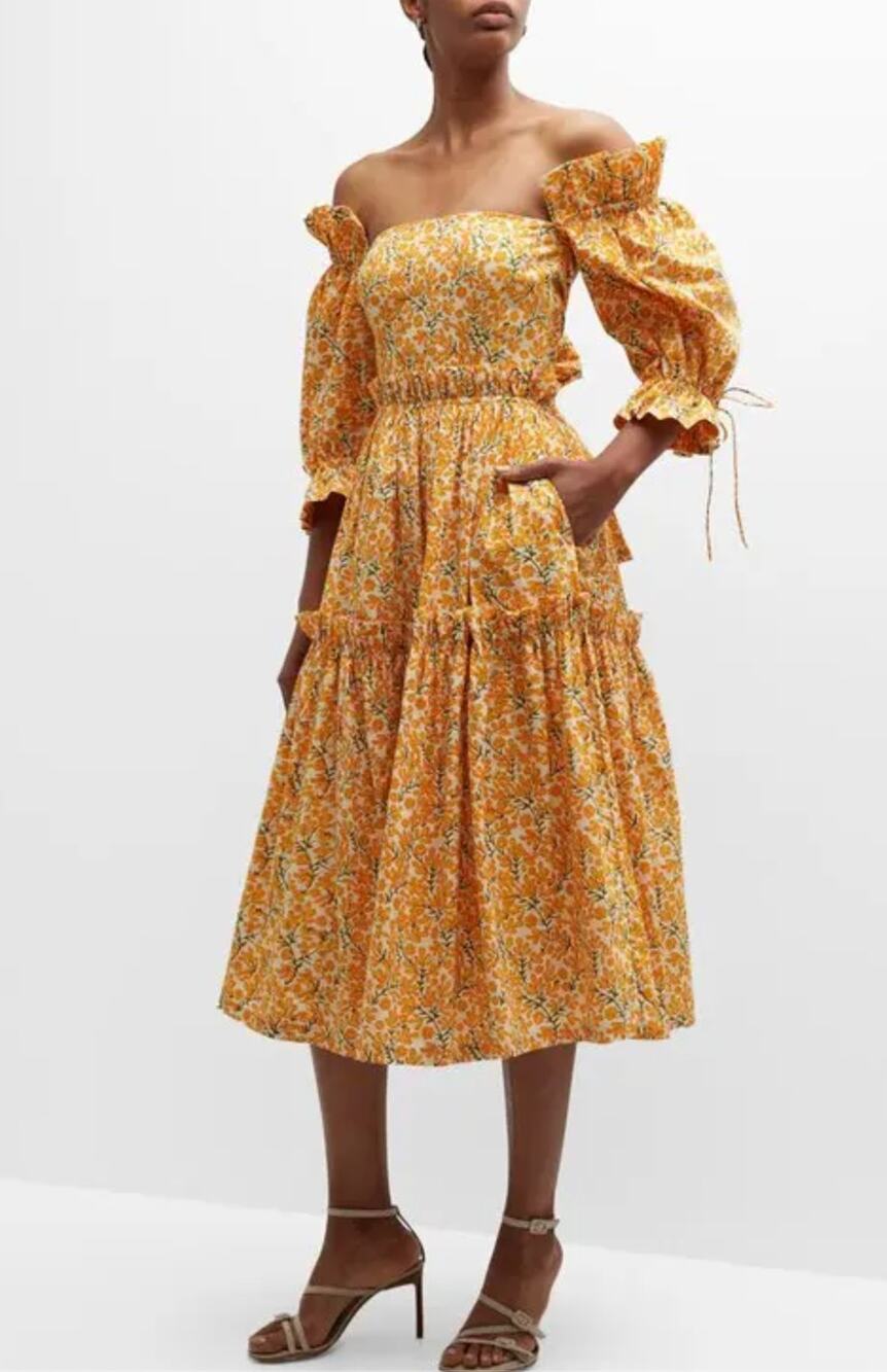 EDDY Olivia Midi Dress in Yellow Floral Size Medium NEW Romantic